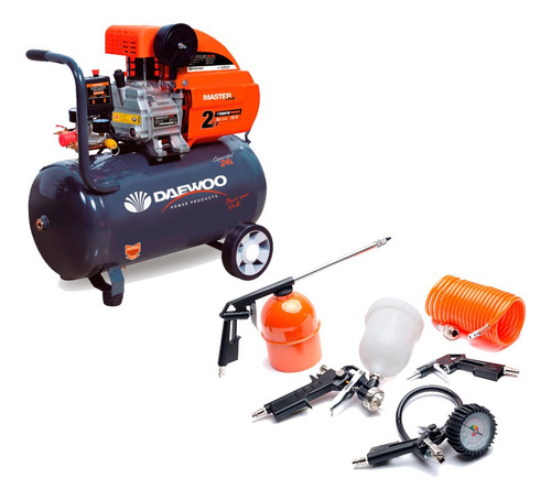 Imagen 1 de 10 de Compresor De Aire Daewoo 24 Lts 2 Hp + Kit De 5 Piezas