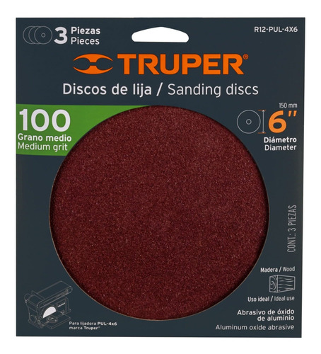 Discos De Lija 6´ Grano 100 Para Madera Lijadora 3pz 16148