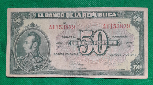 Billete De 50 Pesos Año 1947, 7 Digitos Estado F 