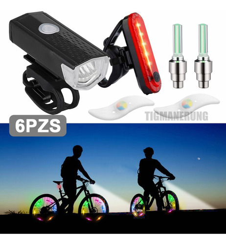 6pz Luz Bicicleta Accesorios Usb Recargable Delantera Trasera Tigmanerung Negro