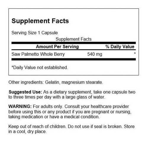 Saw Palmetto Sabal Palmito Prostata 540mg 100 Caps Eg Ss36 Sin Sabor