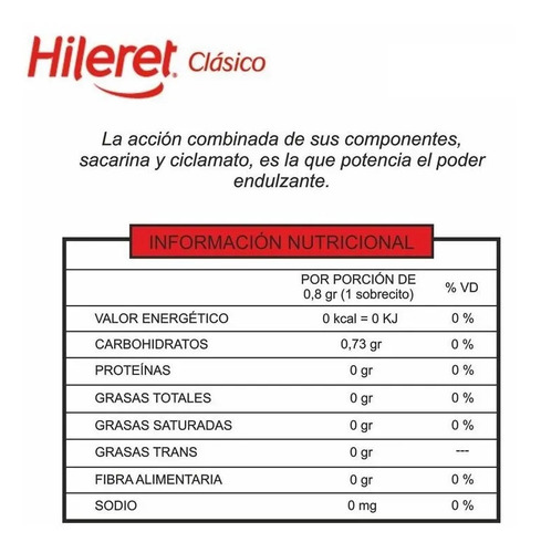 Imagen 2 de 5 de Edulcorante Hileret Clasico Forte 500 Sobres 400 Grs Total