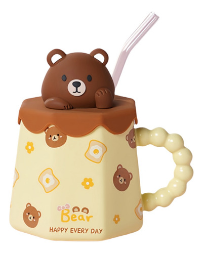 Taza De Cerámica 360 Ml Diseño Animal Con Tapa Y Popote
