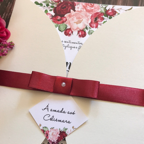 200 Convites De Casamento Flor Marsala Bordo Envelope Marfim | Frete grátis