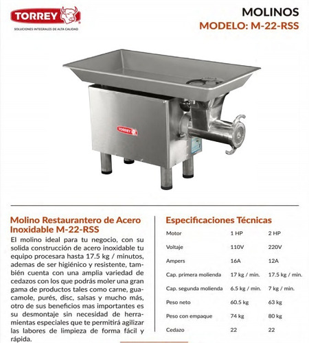 Molino Para Carne Torrey 2 Hp Modelo M-22r2ss Rbanda