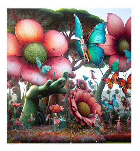 Vinilo 60x60cm Jardin De Gigantes Flor Mariposa Hada M1