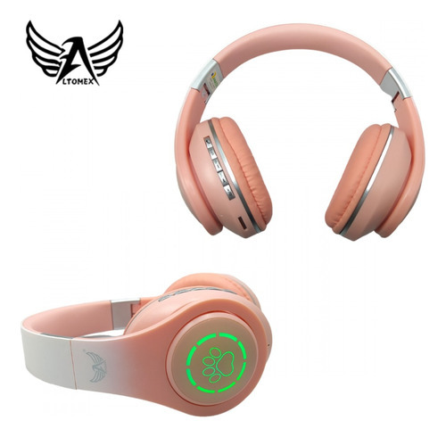 Headphone Fone De Ouvido Bluetooth Com Luzes De Leds Cor Rosa/Branco