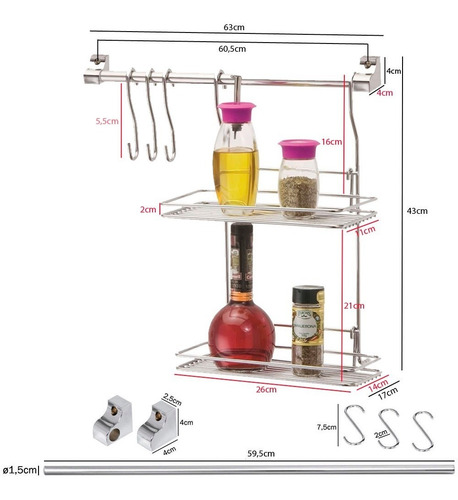 Kit Cozinha Suspensa Prateleira Dupla 3 Ganchos Aço Cromado Barra Cozinha Temperos Cook Home Envio Imediato Nota Fiscal