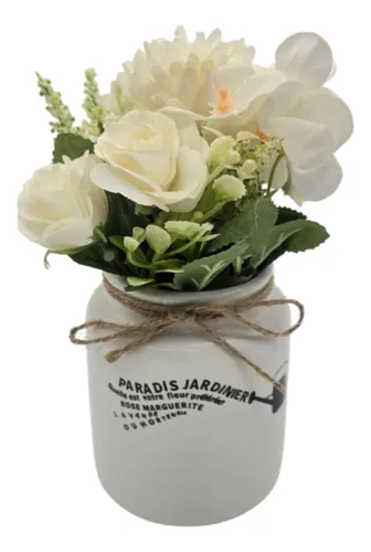 Planta Artificial Macetero Ceramica Blanco Con Hortensias