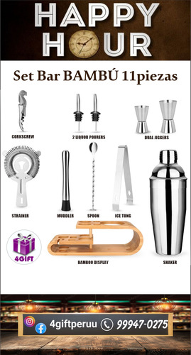 Set Bar 11 ´píezas En Acero Con Base De Bambu