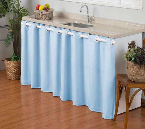 Cortina Microfibra Para Pia Balcão De Cozinha 2,80m X 80cm Cor Azul-claro