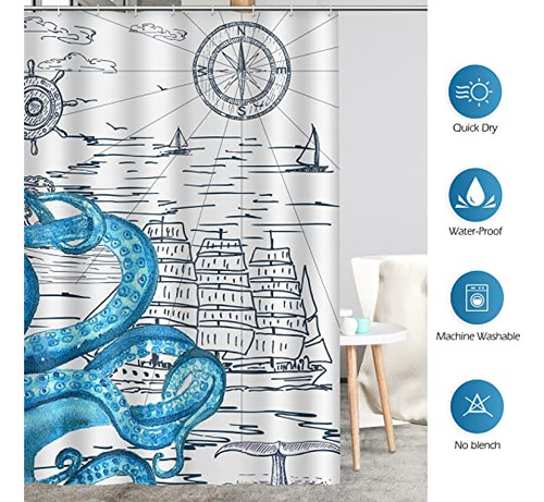 Cortina De Ducha De Pulpo Náutico Para Baño - Juego De Corti