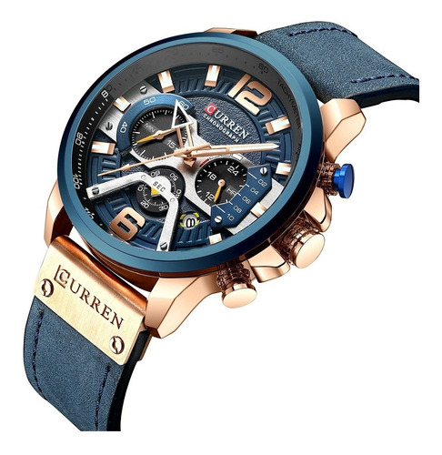 Imagen 2 de 2 de Reloj de pulsera Curren 8329 de cuerpo color rosa, analógico, para hombre, fondo azul, con correa de cuero color azul, agujas color rosa, amarillo y blanco, dial rosa y blanco, subesferas color negro, minutero/segundero blanco, bisel color azul, gris y negro y hebilla simple