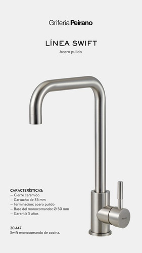 Grifería De Cocina Monocomando Peirano Swift 20-147 Acero Pulido Grifo Canilla Mezcladora Kitchen