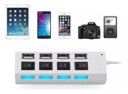 Hub Usb 4 Puertos 2.0 Multipilicador Switch Luz Adaptador Color Blanco