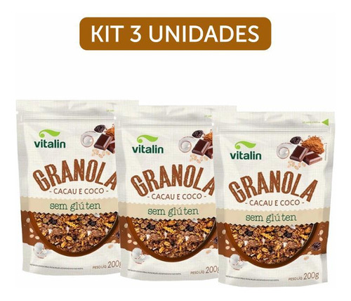 Kit 3x: Granola Cacau E Coco Sem Glúten Vitalin 200g