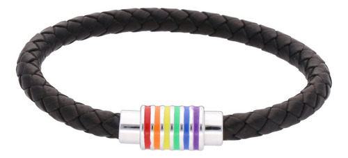 Pulsera Piel Negra Con Broche De Acero Y Esmalte De Colores