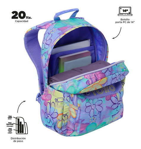Totto Combo Mochila, Lonchera Y Lapicera - Set Kit Escolar A Flores Multicolores