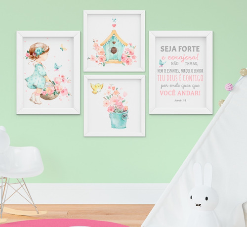 Quadro Infantil Menina Jardim Flores Seja Forte E Corajosa  