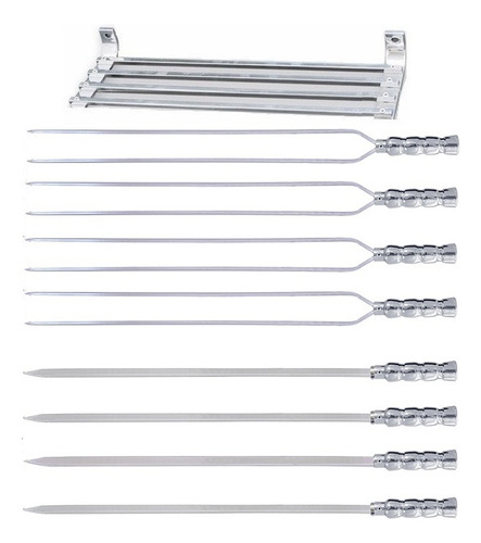 Conjunto 8 Espetos Churrasco Alumínio 65cm + Suporte