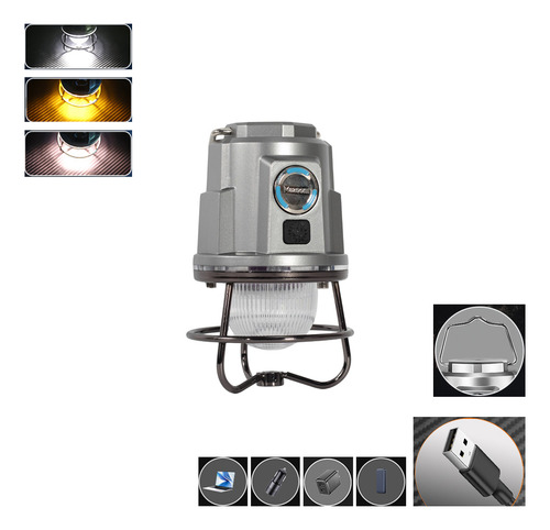 Mazoom E-2389 Luz De Ambiente Portátil Para Camping Retro Carga Tipo-c Tres Modos De Luz Con Gancho Metálico Con Soporte Ipx4 Impermeable Usb Carga Inversa