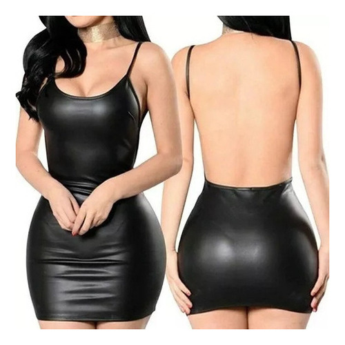 Vestido De Cuero Sin Espalda Con Aspecto Mojado De Látex