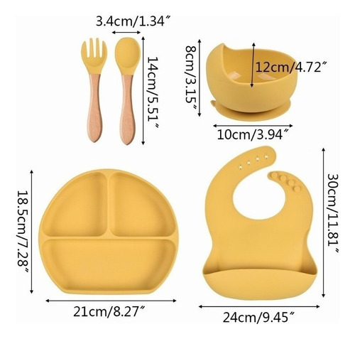 Kit Alimentação Bebê Silicone Prato, Babador, Garfo E Colher