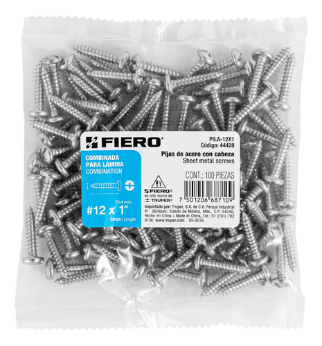 Bolsa Con 100 Pijas Para Lámina, #12 X 1´´, Fiero 44428