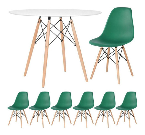 Kit Mesa Jantar Eames Wood 100 Cm 6 Cadeiras Eifel Cores Cor Mesa branco com cadeiras verde escuro