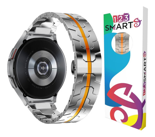 Pulseira De Aço Premium Iron Man 20mm Marca 123smart Compativel Com Samsung Galaxy Watch 4 5 6 40mm 42mm 43mm 44mm 45mm 46mm 47mm - Cor Titanium + Laranja