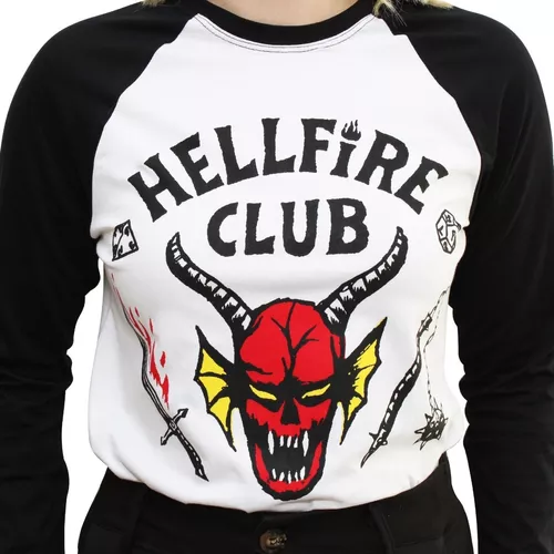 Camiseta Stranger Things Hellfire - Raglan cinza Geek Série