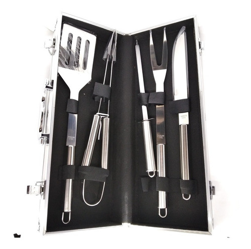 Set Asador De 5 Piezas 100% Acero Inoxidable Con Estuche