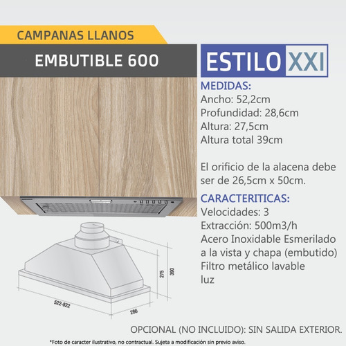 Campana Extractor Cocina Llanos Embutible 60 Bajo Alacena