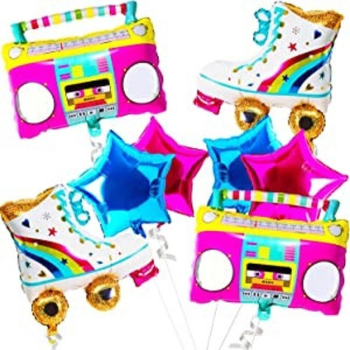 8 Globos Metalicos De Patines Y Grabadora Retro 