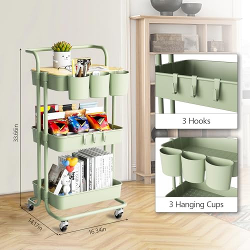 Carrito Rodante De 3 Niveles Con Mango De Metal, Mesa Superi