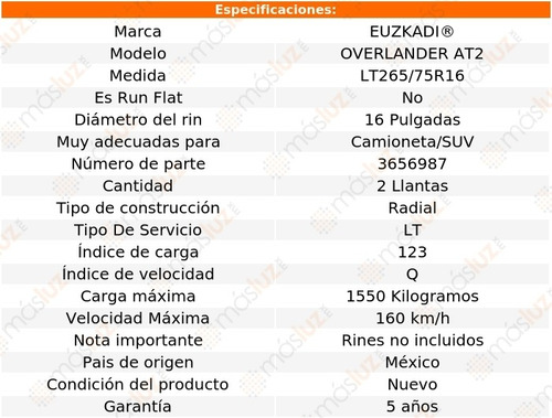 Par Llantas Overlander At2 Euzkadi Medida Lt265/75r16 123q