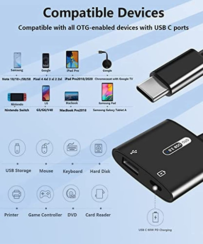 Usb C Otg Adapter With Power, 2 In 1 Usb C To Usb With 60w P