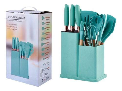 Set Utensilios Cocina Silicona + Set Juego Cuchillos X19 Pcs