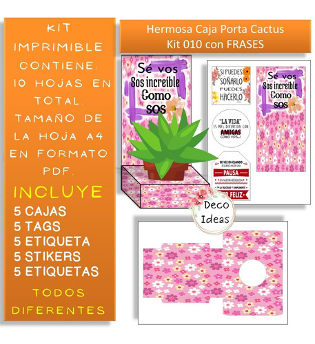 Imagen 3 de 4 de Imprimible Caja Porta Maceta 10 Frase Tag Regalo Empresarial