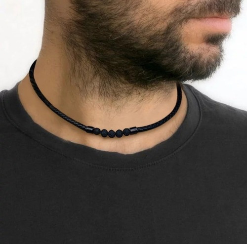 Collar De Cuero Piedra Volcanica Hombre Caballero Moda 