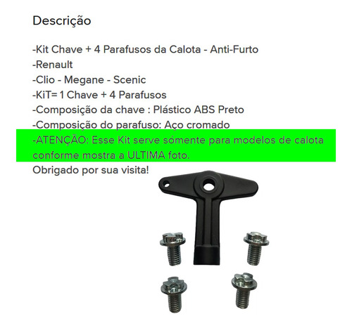Chave 4 Parafusos P/ Calota Roda Renault Clio Megane Scenic