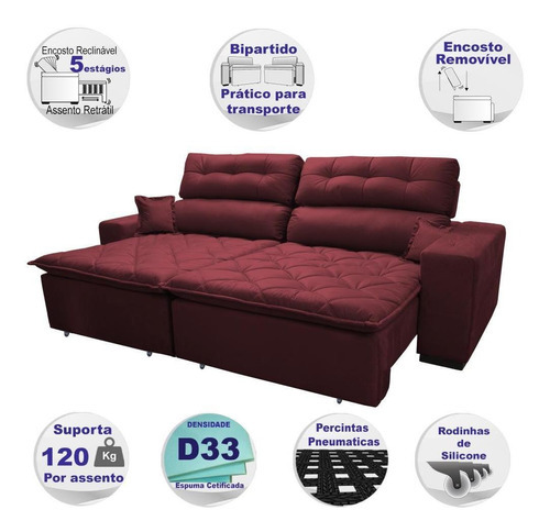 Sofá 2,82m Retrátil E Reclinável Cama Inbox Confort Vinho