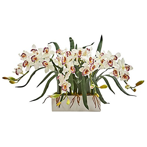 Arreglo Cymbidium En Florero Blanco Planta Artificial