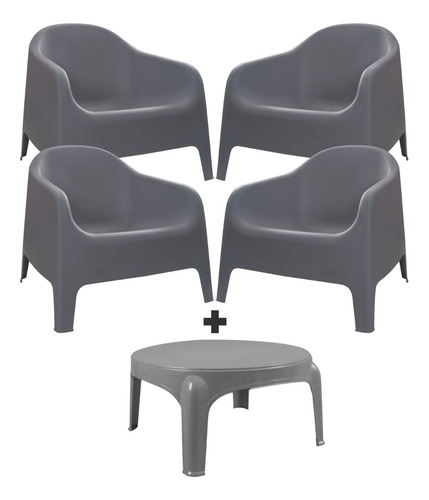 Set De 4 Sillones Plastico Skarpo + Mesa Ratona Jardin Js