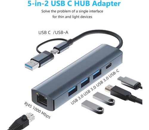 Hub Dock Adaptador Usb-c Usb-a 5 En 2 Compatible Con Mac Pc