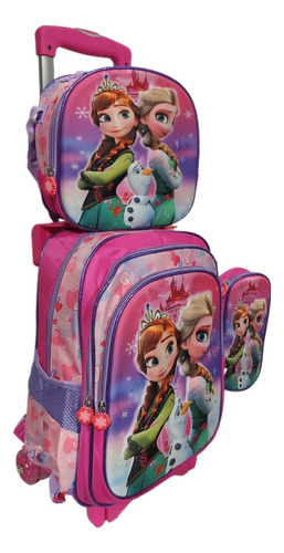 Mochila, Lonchera Y Lapicera Frozen Primaria Con Llantas, Ruedas O Carrito Rosa