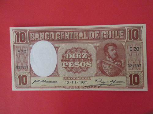 Billete Chile 10 Pesos Subercaseaux-meyerholz 1937 Unc