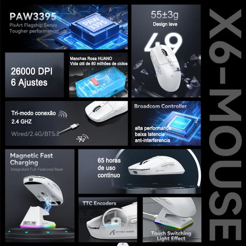 Ratón Bluetooth Attack Shark X6 Para Videojuegos Pixart Paw3
