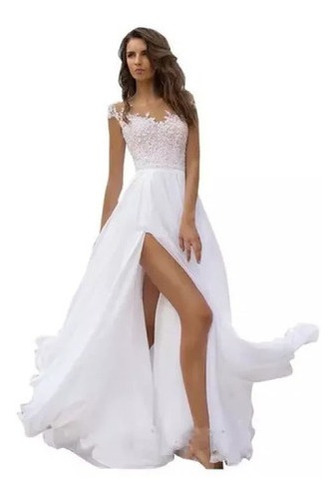 Vestido De Noche Blanco Con Encaje Y Chifón