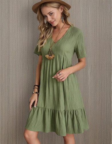 Vestido Midi De Manga Corta Con Cuello En V Para Mujer